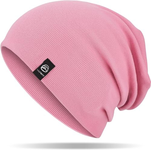 YANIKY Mütze Damen, Leichte Beanie Mütze Herren, Baumwolle Weiche Bequeme Dünne Mütze, Unisex Slouch Beanie Longbeanie für Alle Jahreszeiten (Rosa)