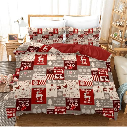 Juego de Cama de Navidad 135x200cm, Juego de Cama de Navidad 3D con 2 Fundas de Almohada, Papá Noel, árbol de Navidad, Ciervos, niños Adolescentes (135x200cm, G)