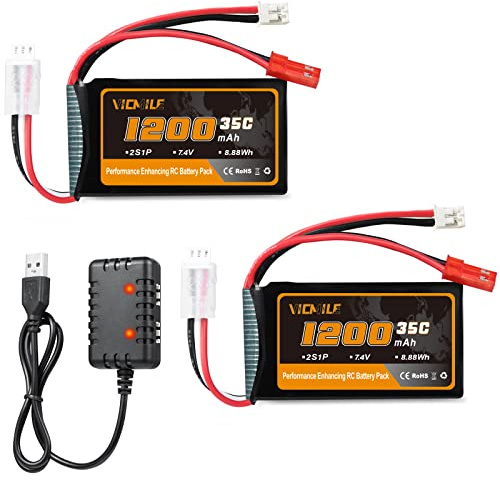 VICMILE 7.4V 1200mAh Lipo Akku 2S 35C SCX24 Lipo Batteries with PH2.0&JST Plug Rechargeable Lithium Battery with 2 in 1 USB Charger for WLtoys A949 A959 A969 A979 K929 Most 1/10 1/16 1/18 1/24 RC Car