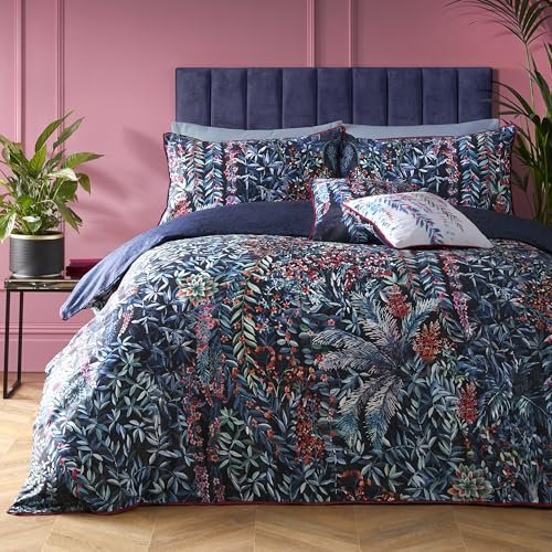 SOIREE - Blue Tropical Leaf & Fern Duvet Cover - King Bedding Size (230 x 220cm) - Reversible Designs - 100% Cotton - 2x Pillowcases Included - Luxury Bedding - Navy Bedding with Floral & Leaves