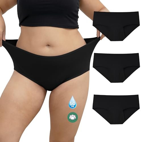 INNERSY Mutande Mestruali Donna Flusso Abbondante Mutandine Assorbenti Taglie Forti Cotone Pacco da 3 (3XL, 3 Nero)