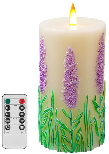 QQFCTOO Lavender Embossed flameless Candle with Flickering Flame - Battery-Operated Candle with Remote Timer - Real Wax - unscented - Home - Holiday Decoration (3 inches x 6 inches)
