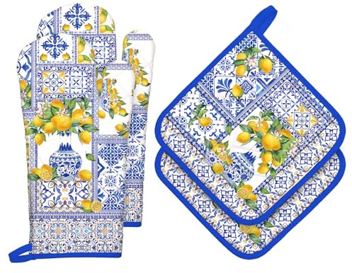 Arquiel Guanti Da Forno Presina Set Di 4, 100% Cotone Addensare Guanti Da Forno A Microonde, Presine Da Cucina Morbida Resistenti Al Calore Per Arrostire, Cuocere(Limone Blu E Bianco)