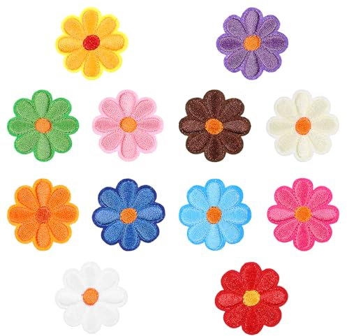 Blumen-Aufnäher zum Aufbügeln, bunte Gänseblümchen-Applikation, Blumenaufnäher für Kleidung, Jeans, Taschen, Jacken, 12 Stück