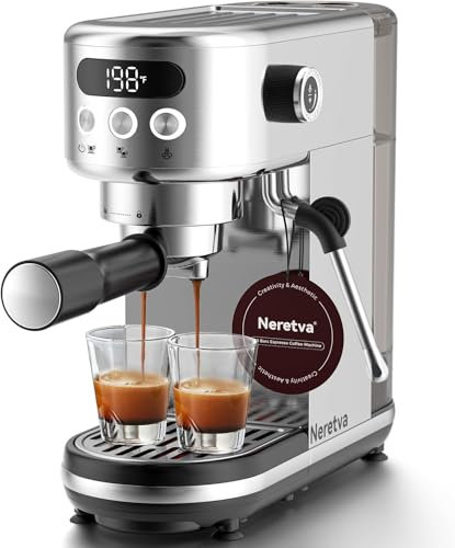 Neretva Espressomaschine 20 Bar, Super-Kompakt Siebträgermaschine Edelstahl Professionelle Kaffeemaschine Espresso mit LED-Anzeige&Milchaufschäumer für Startseite Barista Latte und Cappuccino Maschine