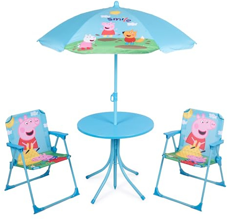 Relsy Peppa Pig Patio Set Kid's Garden Furniture, 4-Piece Kids Blue Girls & Boys Childrens Patio Set With Table, 2x Chairs, Adjustable Parasol, Official George & Peppa Pig Bistro