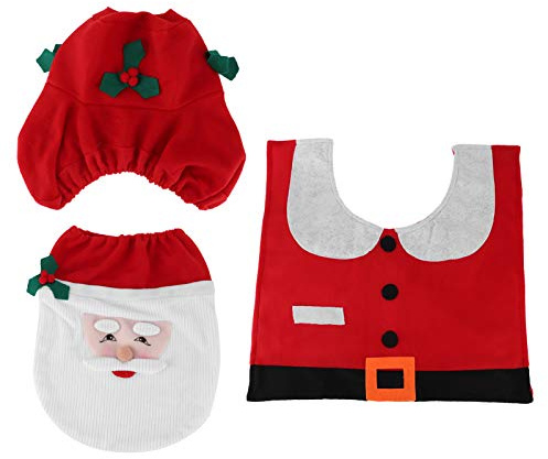 Asientos de Inodoro Navideño Juego de Alfombrillas, Decoración del Inodoro Navideño Incluye Cubierta del Inodoro y Cubierta del Tanque de Agua, Alfombra con Goma No Deslizante,