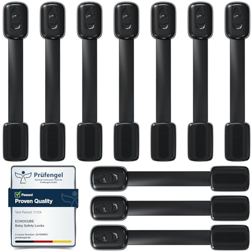 ECHOCUBE Cupboard Locks for Children, 10 Packs Adjustable Baby-Proof Cabinet Locks with 3M Adhesive, Child Safety Locks for Drawers, Fridge, Toilet, Trash No Drilling Needed (Black)