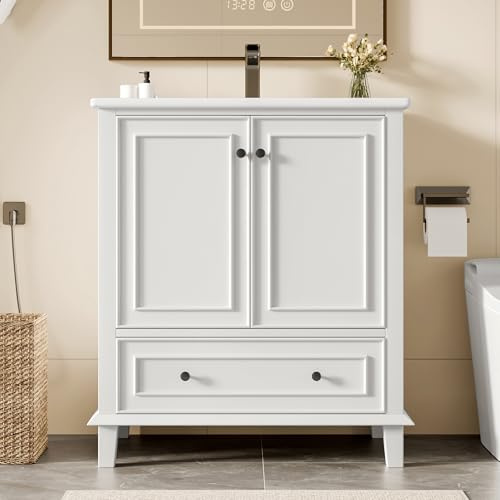 Merax Set di mobili da bagno con sottopiano, mobile bagno a terra con lavabo, lavandino, gambe in legno massiccio, resistente all'umidità e all'acqua, lavabo in ceramica, bianco, 76x46x87 cm