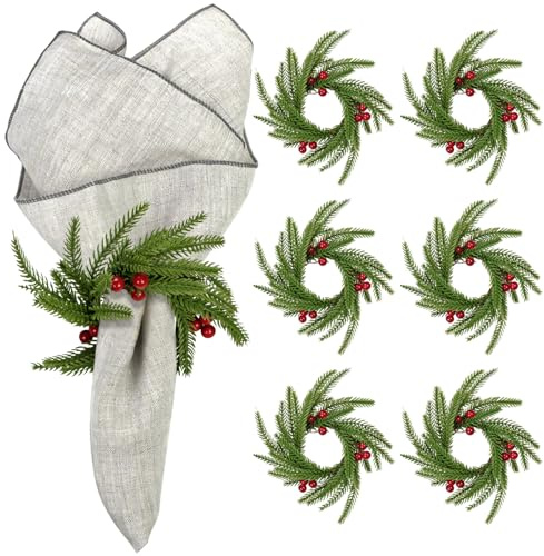 6 Pcs Christmas Norfolk Napkin Rings with Berries, Inner 5cm Norfolk Greenery Christmas Napkin Holder Winter Napkin Rings for Xmas Holiday Winter Table Decoration Dinner Wedding Party (6)