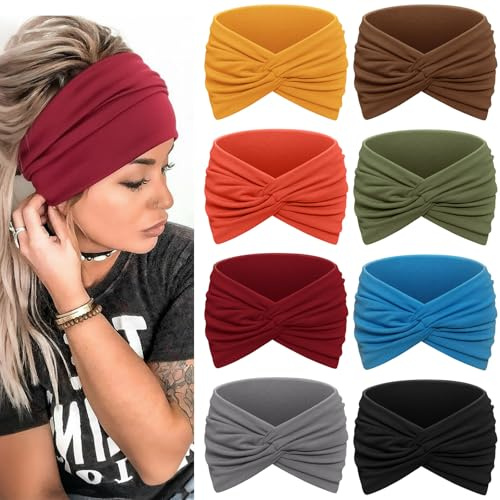 Awumbuk 8 Pezzi Fascia Capelli Donna - 7'' Extra Large Elastico Fasce Capelli Headband Elastico, Multicolore Turbante, per Yoga, Sport, Skincare, Uso Quotidiano Accessori