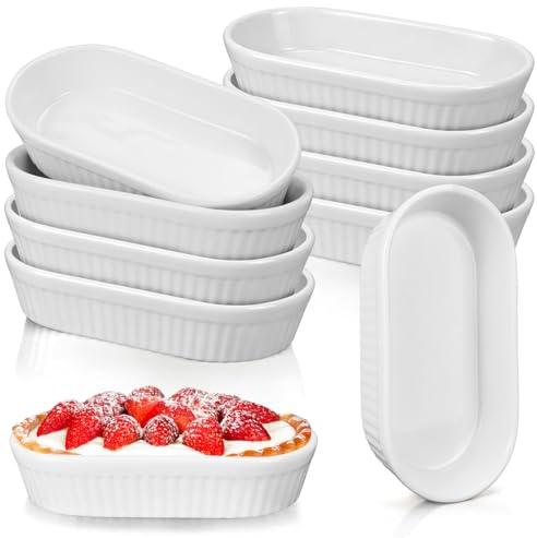 10 Pack Oval Ramekins, 6.5 Inch Porcelain Creme Brulee Dishes, Ceramic Baking Dishes, Small Au Gratin Dish for Souffle, Tapas and Desserts, Oven and Microwave Safe(170ml, White)