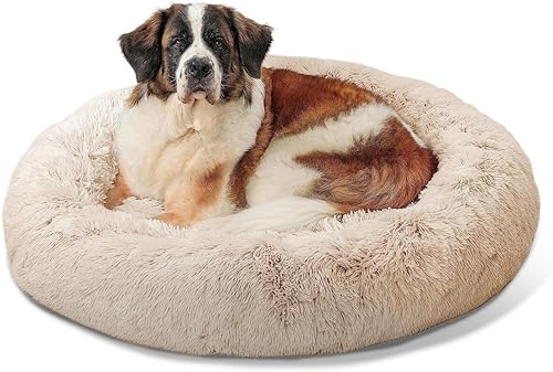Best Friends by Sheri The Original Calming Donut - Katt- och hundbädd - Kan maskintvättas - Fuskpäls - Avtagbart fodral med dragkedja - taupe - 114 x 114 cm - XL | Maskintvättbart fodral, lurvig fuskpäls, ortopediskt stöd, känsla av säkerhet, vattentålig bas, XL-hundar upp till 68 kg