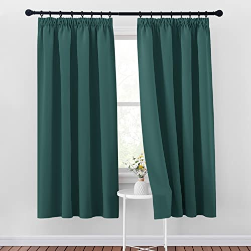 PONY DANCE Blackout Pencil Pleat Curtains, Dark Green, W46 x L72, 2 Panels | Thermal Insulated Curtains with Noise Reducing & Privacy, Luxury Soft Window Treatment for Bedroom & Living Room