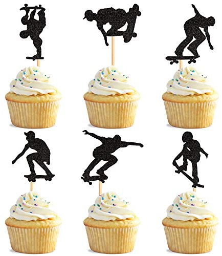 24-Pack Skateboard Cupcake Toppers Schwarz Glitter Skateboarding Cupcake Picks Sport Skaten Thema Bachelorette Geburtstag Party Kuchen Dekorationen Zubehör