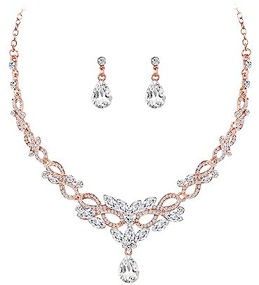 Bewenda Brautschmuck Set, Hochzeit Schmucksets für Damen, Wassertropfen-Ohrringe Rose Gold Strass Halskett Glitzer Modeschmuck, Hochzeitsschmuck für Braut Brautjungfern, klar Strass-Halskette Set