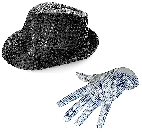 King of Pop tillbehörsset – Fedorahatt med svart paljett och silver paljetthandske – utklädnad med musiikon, halloween och andra maskeradevenemang