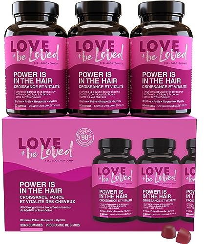 Love and be Loved | Gummies Pousse des Cheveux “Power is in the Hair” | 3x60 Gommes | Cure de 3 Mois | Complément Alimentaire à base de Biotine, Prêle, Roquette, Myrtille, Zinc, … | Made in France