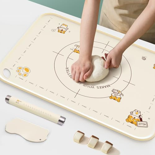 Große Silikon Backmatte Ausrollmatte Set - 70x50cm Verdickt Antihafte Backunterlage mit Nudelholz & Teigschaber - Rutschfeste Teigmatte mit Maßen und Verdicktem Rand für GebäCk Nudeln Kekse Brot