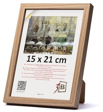 3-B MEGA - Cornice portafoto in legno di quercia con venature ottiche del legno, 15 x 21 cm (A5), cornice per documenti, con vetro acrilico
