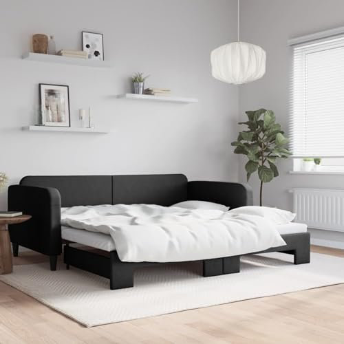 DJEKA Cama juvenil de 100 x 200 cm con cama nido de 100 x 200 cm, color negro, 4 camas de día de 100 x 200 cm, extensible, de madera, sofá cama, tela