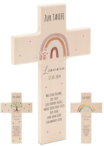 Bärenfreunde - Personalisiertes Taufkreuz mit hochwertigem Spezial-Druck aus massivem Buchenholz - Taufe Geschenk - Holzkreuz Taufe (Regenbogen Blumen)