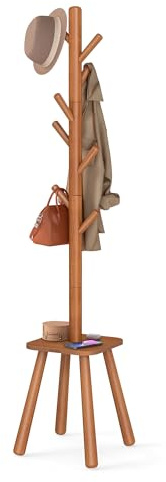 VASAGLE Coat Rack, Free Standing Coat Stand, Hall Coat Tree with 8 Hooks and Storage Shelf, 69.2 Inch Tall, for Coats, Hats, Bags, for Entryway, Hallway, Bedroom, Caramel Brown URCR033K01