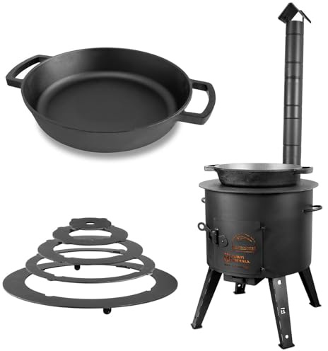 Ø44cm Uchag 2mm stahl Utschak mit Adapter-Ringe Abzugsrohr Ø36cm Gusseisenpfanne Bräter Schmortopf zwei Griffe Utschag Feldküche Feuerstelle Campingofen Außenküche Eintopfofen