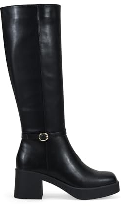 BOSANOVA Botas altas con tacón con tira decorativa con hebilla, acabado cuadrado y suela de plataforma de 2 cm con tacón cuadrado de 6.5 cm. Cierre con cremallera interior. Calzado para mujer NEGRO 38