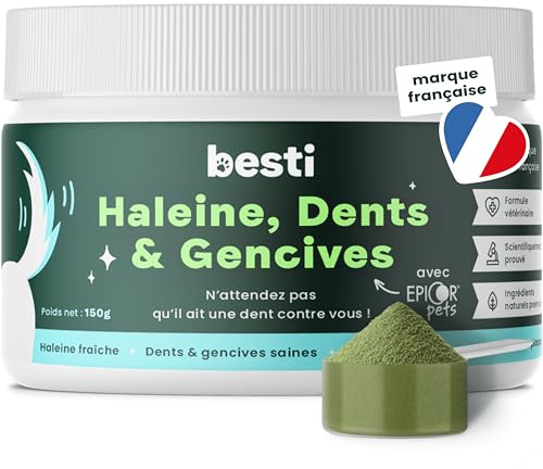 BESTI - Haleine, Dents & Gencives | Poudre Dentaire pour Chiens | Anti-Tartre, Mauvaise Haleine | Pré Post Probiotiques Naturels | Marque Française - Formule Vétérinaire | Eucalyptus | 75 Doses | 150g