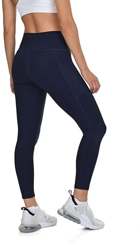 TCA Women's High Waisted 7/8 Leggings– Tummy Control Buttery Soft Leggings with 2 Open Side Pockets for Running, Gym, and Yoga - Navy Blazer, L