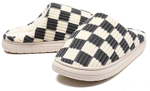 Waysoland Pantofole Donna Uomo,Memory Foam Ciabatte Donna Invernali a scacchi Scivolare su Suola antispuggente Camera da letto Pantofole soffici Interno Esterno(Grigio,44/45 EU)