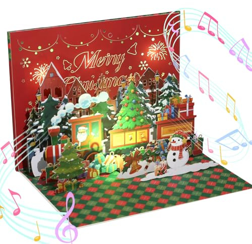 GWHOLE Carte de Noël Musicale et Lumineuse Carte Pop-Up Musicale 3D Train de Noel Père Noël Bonhomme de Neige Merry Christmas avec Enveloppe Cadeau de Noel Élégant pour Femmes, Hommes et Enfants​