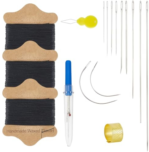 SOFPLATE Kit de Couture pour la Maison : 3 bobine de Fil Nylon Ciré Noir 11 aiguilles Robustes 2 dés à Coudre 1 enfile Aiguilles 1 découseurs pour Cuir Toile Matelassage Chaussures Vêtements Projets d