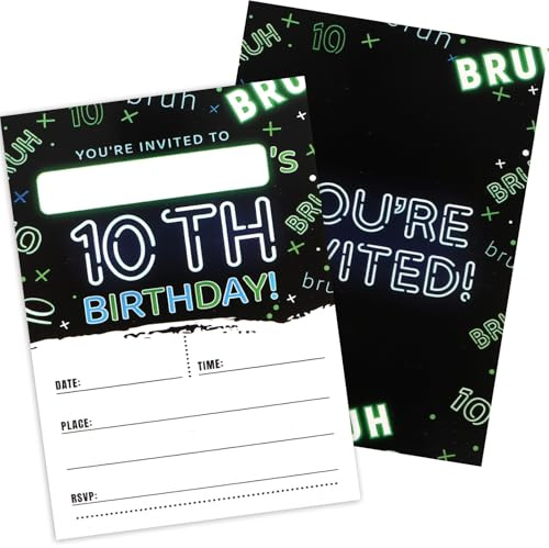 KIUEZIR 12 Packs 10th Birthday Invitation Cards - Neon Green & Blue Glow Style Themed Party Invites, Stationery for Double Digits Milestone Celebration & Social Gatherings