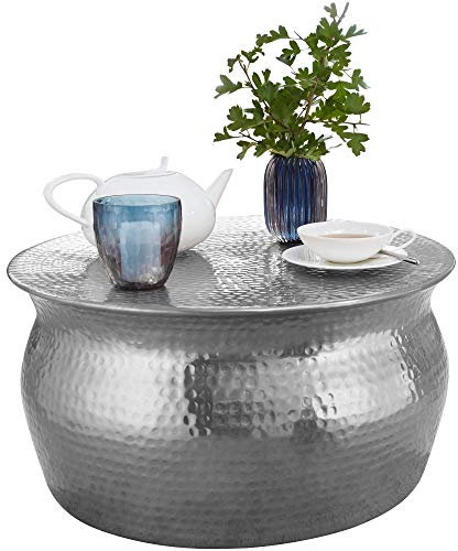 Wohnling Couchtisch 60x30,5x60cm Aluminium Silber Beistelltisch orientalisch rund, Flacher Hammerschlag Sofatisch Metall, Design Wohnzimmertisch modern, Loungetisch indisch Stubentisch klein