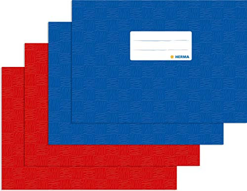 Herma Heftumschlag DIN A5 quer, Kunststoff, 2 blau + 2 rot, gedeckt mit Baststruktur, 4 Heftschoner für Schulhefte