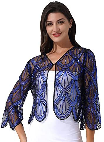 CHICTRY Women Shiny Sequins Evening Cape Vintage Long Sleeve Party Bolero Shrug Cardigan Blue One Size