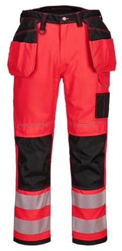 Portwest T501 Mens PW3 Hi Vis Work Trousers - Holster Pocket Workwear Safety Construction Trousers Red/Black, 33