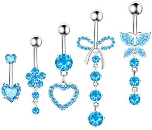 BSJ4U Belly Button Ring Dangle Navel Belly Piercing Jewelry Cute Blue CZ Heart Butterfly Bow Flower Navel Belly Rings for Women 14G Silver Stainless Steel Dainty Dangly Dangling Belly Button Piercing