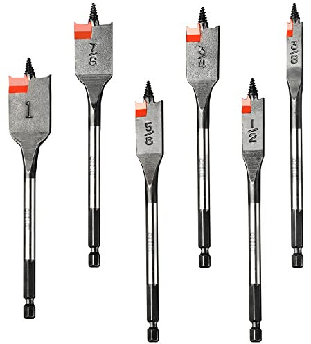 6 pc Standard Spade Bit Drill Bit Set,Threaded Spade Bit with Quick Change Shank for Hole Cutter Woodworking