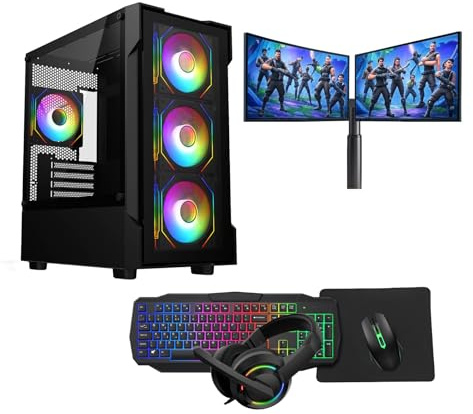 Gaming PC – Intel Core i5, GT710 2GB Graphics, 16GB RAM, 128GB SSD + 1TB HDD, Windows 11 Pro, Dual 22 Monitors, Keyboard, Mouse, Headset – Gaming PC Bundle (Neo Black)