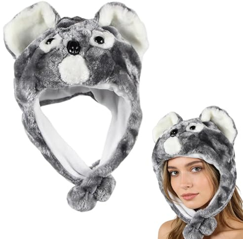 FCXVXCL Sombrero de Koala de Peluche Sombrero de Animal, Cálido Gorro con Capucha 2 En 1 Gorro Calentador de Invierno para Niños, Adultos, Disfraz de Animal, Cosplay, Carnaval