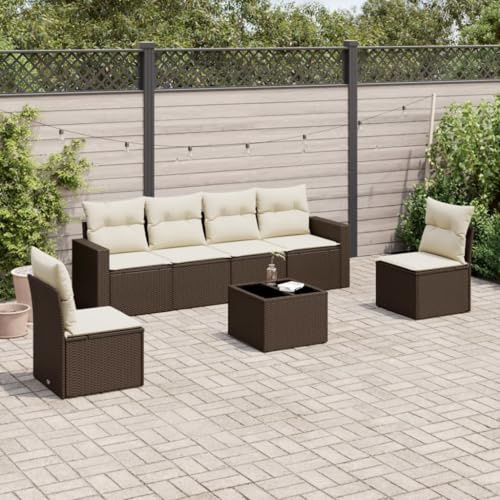 QJBSAVVA Lot de 7 meubles de jardin en rotin, marron, 65,5 x 62 x 69 cm, avec table en verre, coussins crème lavables et groupe de sièges modulaires d'extérieur pour terrasse, jardin et petit balcon