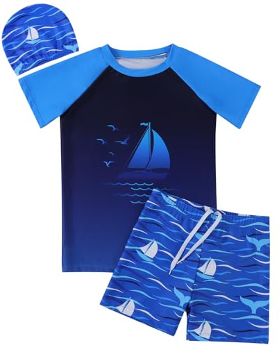 Valcatch Boys Swimming Costume 3 Piece Short Sleeve Swim Set, 8-9 Years