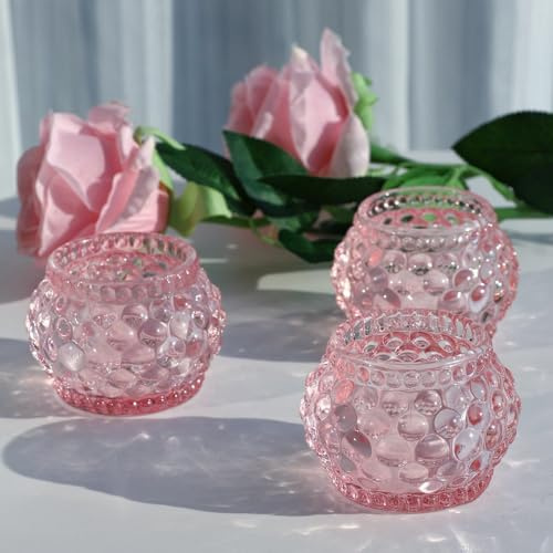 Vohocandle Lot de 6 photophores roses en verre en forme de citrouille - Style vintage - Pour chambre, mariage ou autres célébrations - 5 x 7 x 6 cm (l x H)
