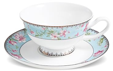 fanquare Vintage Juego de Taza de Té y Platillo de Porcelana Fina con Cuchara 200ml,Taza de Café y té de Flores Borde Dorado para Té de la Tarde Desayuno Regalo