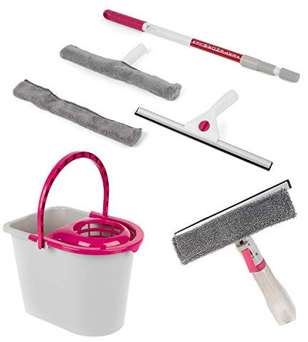 Kleeneze COMBO-5659 Spray Window Wiper, 2 in 1 Microfibre Window Cleaning Set and 14 Litre Bucket, Pink/Grey