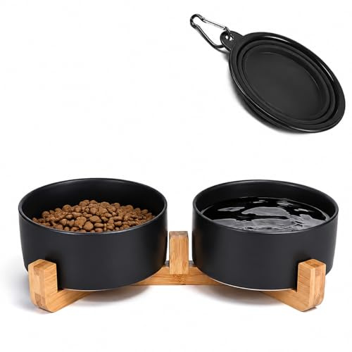 Petygooing Set di ciotole per cani, in ceramica nera, con supporto in legno, per cibo e acqua, antiscivolo, ponderate, moderne, per gatti e cani di piccola taglia (382,7 g/13 cm)