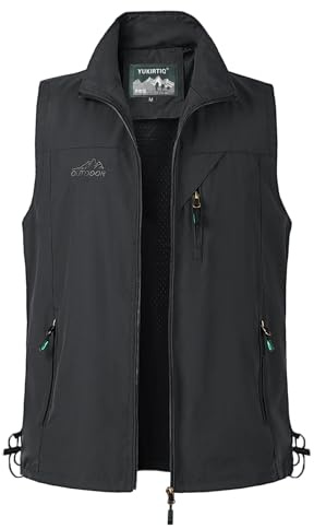 Yukirtiq Uomo Gilet Sportivo da Caccia Leggero Gilet da Pesca Asciugatura Rapida Gilet da Lavoro Traspirante Giubbotti Senza Maniche Smanicata da Fotografia, Nero, XXL
